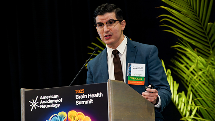 Speaker Joel Salinas, MD, MBA, MSc, FAAN, delivers his keynote presentation at the 2025 AAN Brain Health Summit