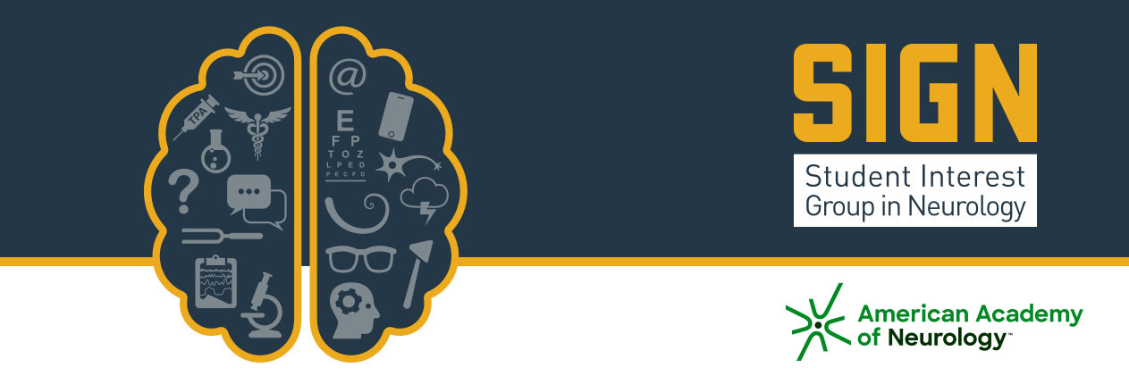 black and yellow illustration of AAN's SIGN logo on the right with a brain on the left