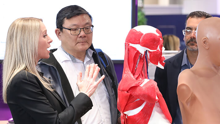 A woman gestures towards a realistic anatomical model showing muscles, while two individuals observe in a professional setting.