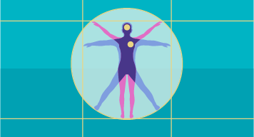 Circle graphic with human body inside, yellow dots on heart and brain