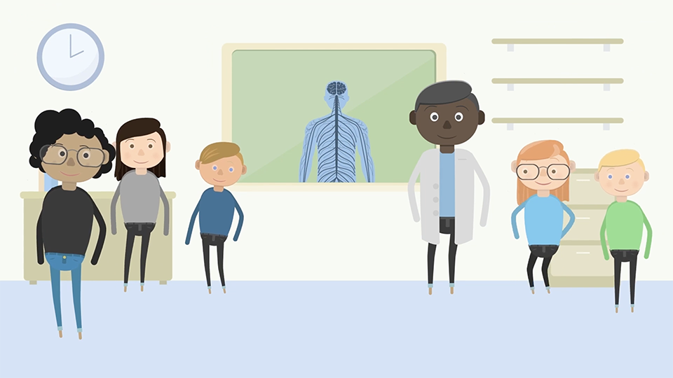 Illustration: doctor in white coat, nervous system on board, kids learning